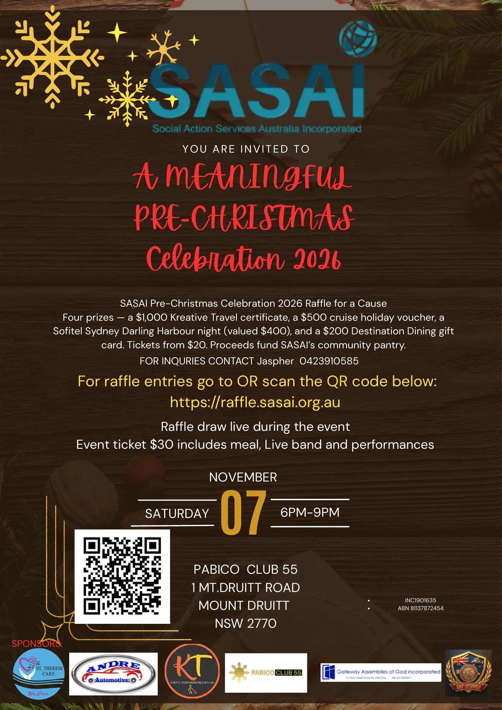 SASAI raffle flyer — Meaningful Pre-Christmas Celebration 2026, Saturday 7 November at Pabico Club 55, Mount Druitt